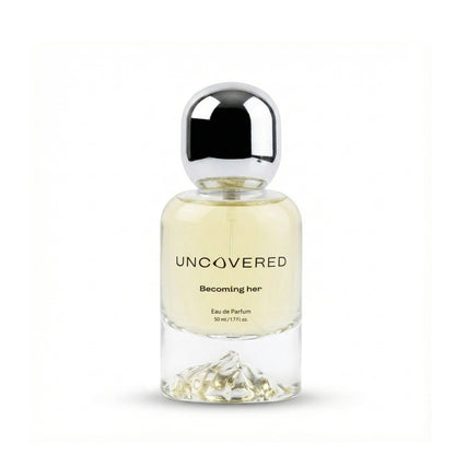 Perfume bottle labeled 'Uncovered' on a white background